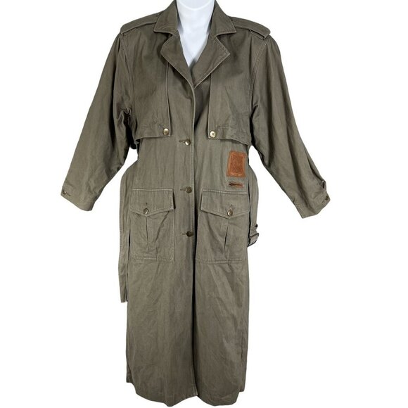 Together Women 8 Military Style Trench Coat Olive Green Leather Trim Grunge Goth - Picture 4 of 16